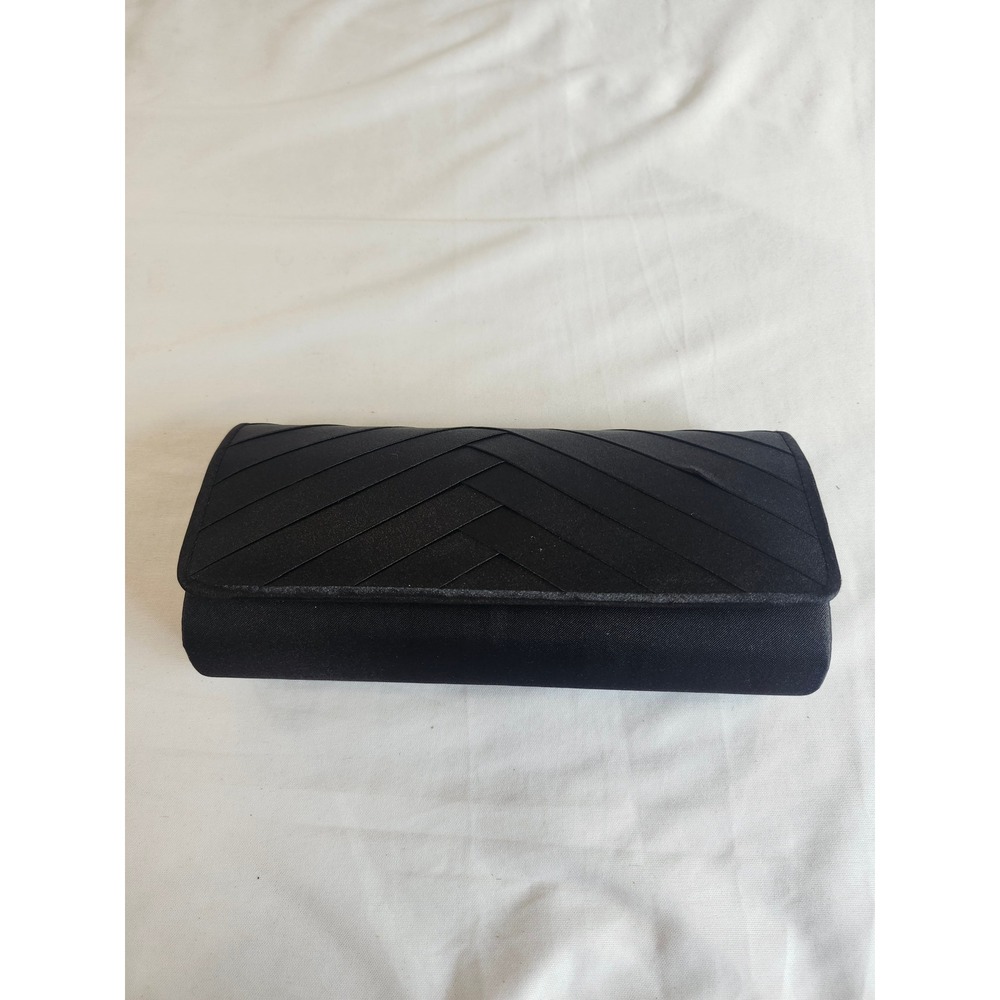 Vintage Black Satin Chevron Pleated Evening Clutch Bag with Braided Strap